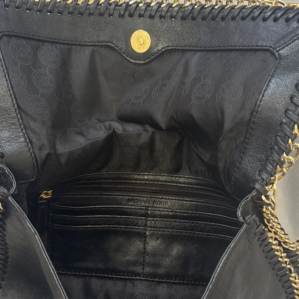 Michael Kors Black Leather Shoulder Bag with Gold Chain and Gold Accents